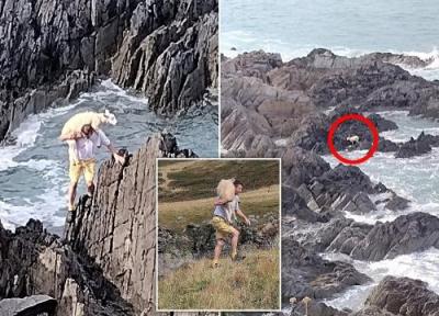 نجات یک گوسفند گرفتار از روی صخره ها